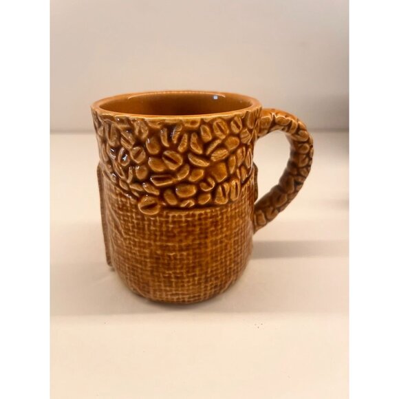 Set of 2 Vintage MCM Japan Brown Coffee Bean Burlap Sack Coffee Mugs Japan - Picture 2 of 5